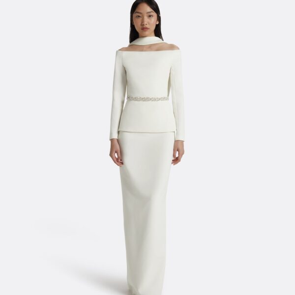 Safiyaa Lucile Ivory Top With Embroidered Belt - Safiyaa Tops - Heavy Crepe Cape Gown - Shop at Coveti