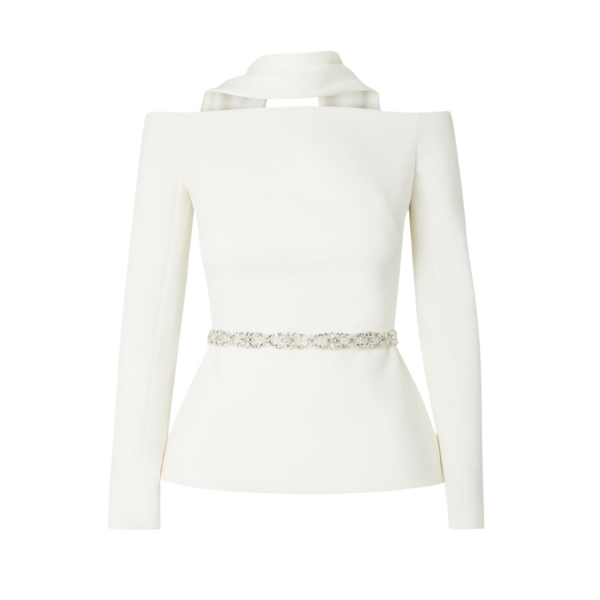 Safiyaa Lucile Ivory Top With Embroidered Belt - Safiyaa Tops - Heavy Crepe Cape Gown - Shop at Coveti