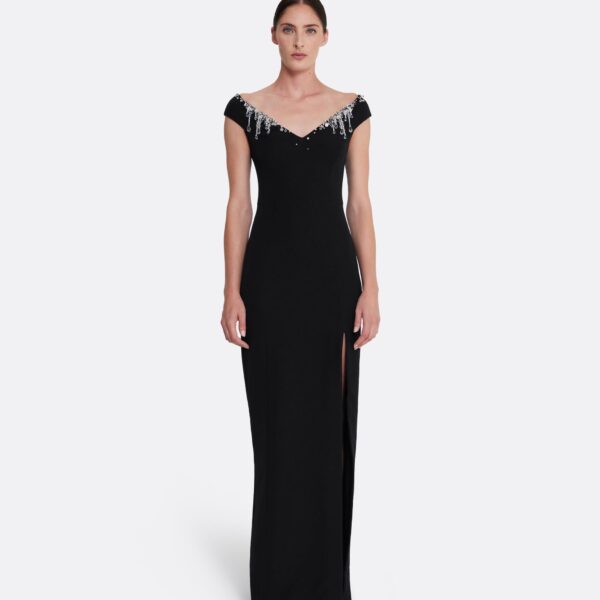 Safiyaa Lucrezia Long Dress in Black with Smoke/crystal - Safiyaa Dresses - Heavy Crepe Cape Gown - Shop at Coveti