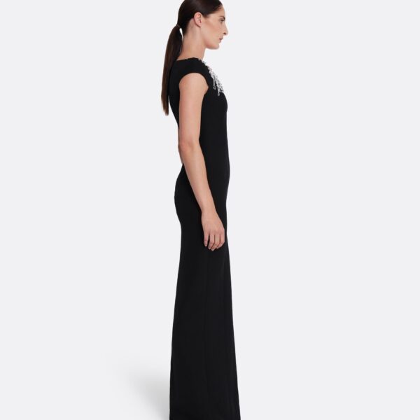 Safiyaa Lucrezia Long Dress in Black with Smoke/crystal - Safiyaa Dresses - Heavy Crepe Cape Gown - Shop at Coveti