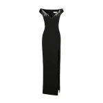 Safiyaa Lucrezia Long Dress in Black with Smoke/crystal - Safiyaa Dresses - Heavy Crepe Cape Gown - Shop at Coveti