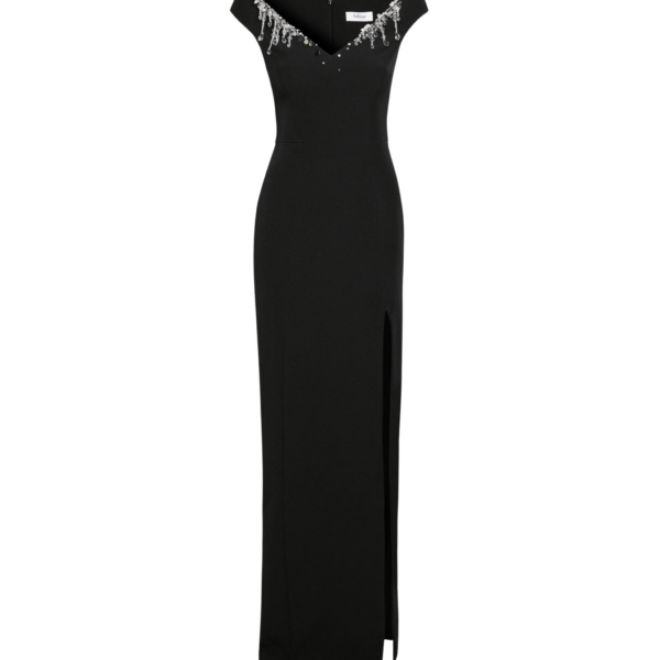 Safiyaa Lucrezia Long Dress in Black with Smoke/crystal - Safiyaa Dresses - Heavy Crepe Cape Gown - Shop at Coveti
