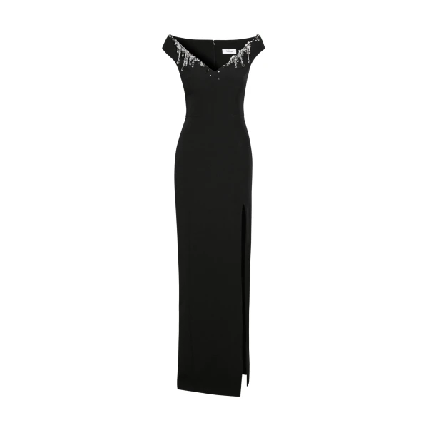 Safiyaa Lucrezia Long Dress in Black with Smoke/crystal - Safiyaa Dresses - Heavy Crepe Cape Gown - Shop at Coveti