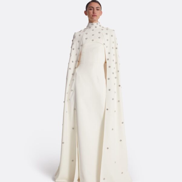 Safiyaa Manore Ivory Harness With Soshin Long Dress - Safiyaa Dresses - Heavy Crepe Cape Gown - Shop at Coveti