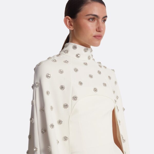 Safiyaa Manore Ivory Harness With Soshin Long Dress - Safiyaa Dresses - Heavy Crepe Cape Gown - Shop at Coveti