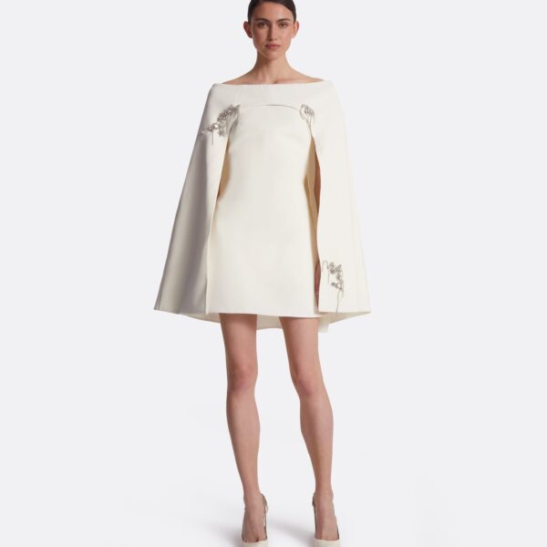 Safiyaa Manorel Ivory Broken Jewellery Embroidered Harness & Rowan Dress - Safiyaa Dresses - Heavy Crepe Cape Gown - Shop at Coveti