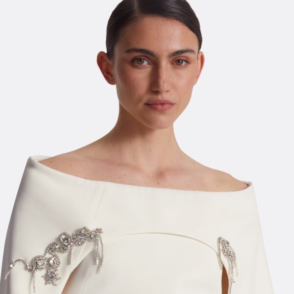 Safiyaa Manorel Ivory Broken Jewellery Embroidered Harness & Rowan Dress - Safiyaa Dresses - Heavy Crepe Cape Gown - Shop at Coveti