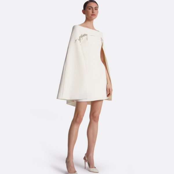 Safiyaa Manorel Ivory Broken Jewellery Embroidered Harness & Rowan Dress - Safiyaa Dresses - Heavy Crepe Cape Gown - Shop at Coveti