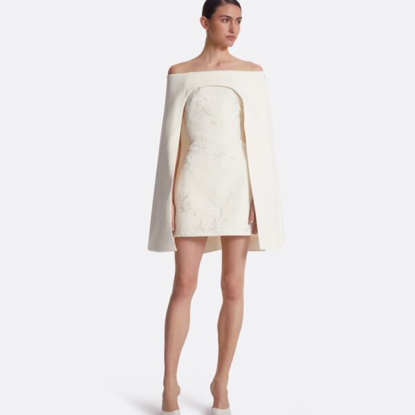 Safiyaa Manorel Ivory Harness & Rowan Fern Embroidered Dress - Safiyaa Dresses - Heavy Crepe Cape Gown - Shop at Coveti