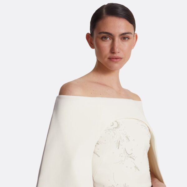 Safiyaa Manorel Ivory Harness & Rowan Fern Embroidered Dress - Safiyaa Dresses - Heavy Crepe Cape Gown - Shop at Coveti