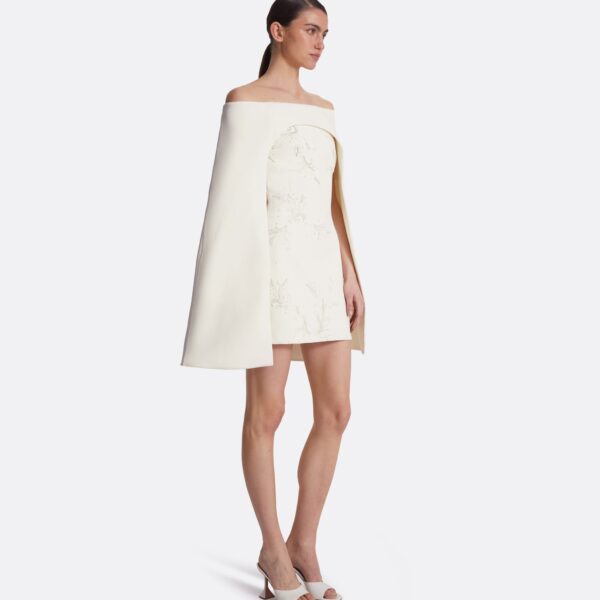 Safiyaa Manorel Ivory Harness & Rowan Fern Embroidered Dress - Safiyaa Dresses - Heavy Crepe Cape Gown - Shop at Coveti
