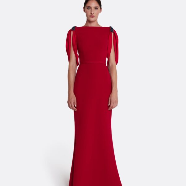 Safiyaa Mariah Long Dress in Cherry Red on Azalea with Multi-blues - Safiyaa Dresses - Heavy Crepe Cape Gown - Shop at Coveti