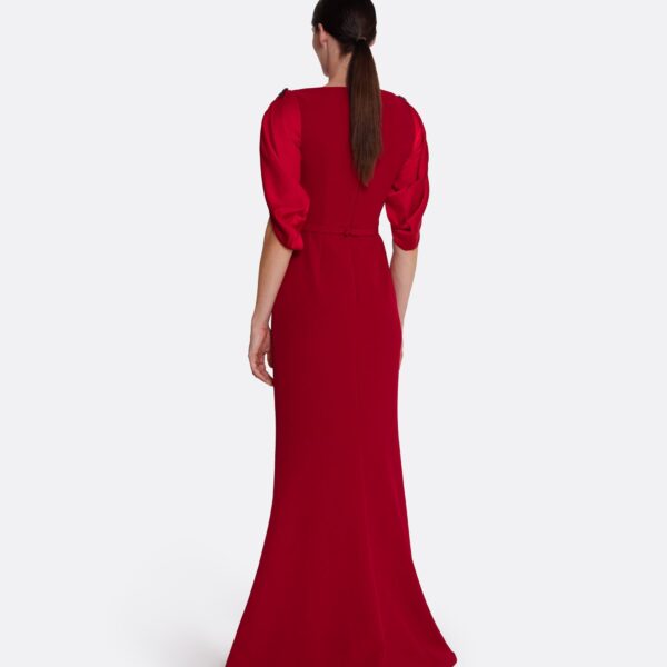 Safiyaa Mariah Long Dress in Cherry Red on Azalea with Multi-blues - Safiyaa Dresses - Heavy Crepe Cape Gown - Shop at Coveti