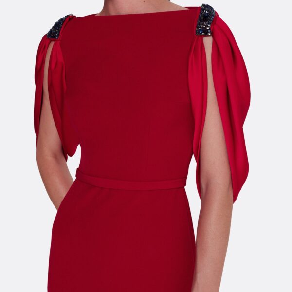 Safiyaa Mariah Long Dress in Cherry Red on Azalea with Multi-blues - Safiyaa Dresses - Heavy Crepe Cape Gown - Shop at Coveti
