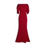 Safiyaa Mariah Long Dress in Cherry Red on Azalea with Multi-blues - Safiyaa Dresses - Heavy Crepe Cape Gown - Shop at Coveti