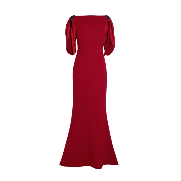 Safiyaa Mariah Long Dress in Cherry Red on Azalea with Multi-blues - Safiyaa Dresses - Heavy Crepe Cape Gown - Shop at Coveti