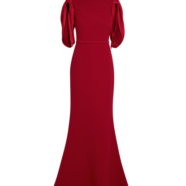 Safiyaa Mimi Long Dress in Cherry Red on Azalea Red - Safiyaa Dresses - Heavy Crepe Cape Gown - Shop at Coveti