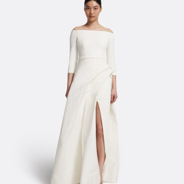 Safiyaa Nila Long Dress in Ivory - Safiyaa Dresses - Heavy Crepe Cape Gown - Shop at Coveti