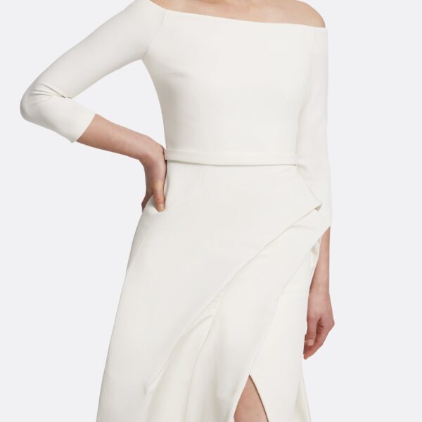Safiyaa Nila Long Dress in Ivory - Safiyaa Dresses - Heavy Crepe Cape Gown - Shop at Coveti