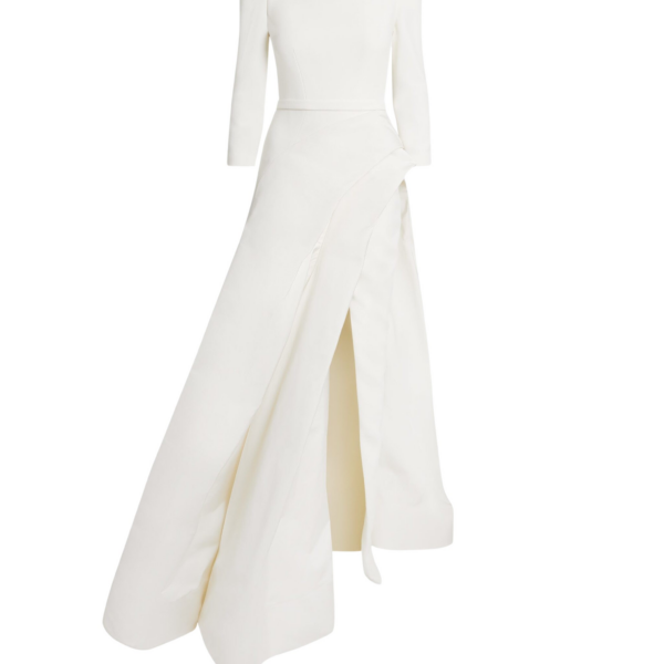 Safiyaa Nila Long Dress in Ivory - Safiyaa Dresses - Heavy Crepe Cape Gown - Shop at Coveti