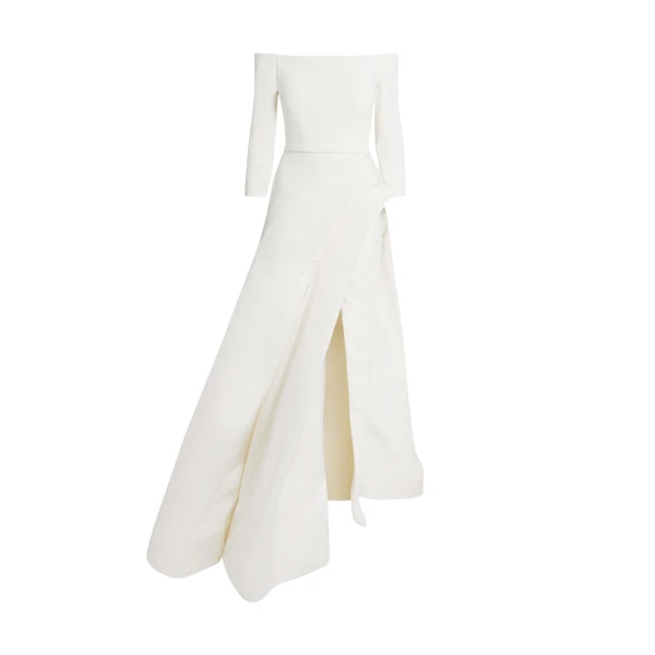 Safiyaa Nila Long Dress in Ivory - Safiyaa Dresses - Heavy Crepe Cape Gown - Shop at Coveti