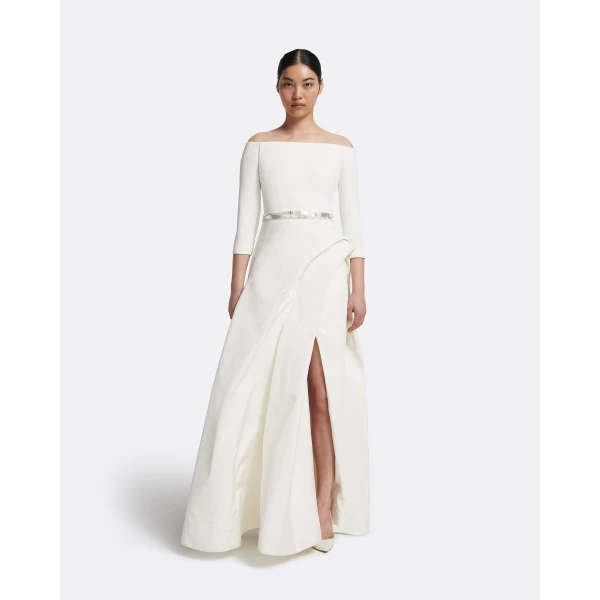 Safiyaa Nila Long Dress in Ivory with Crystal, view 2