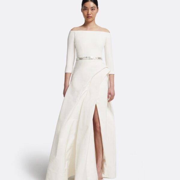 Safiyaa Nila Long Dress in Ivory with Crystal - Safiyaa Dresses - Heavy Crepe Cape Gown - Shop at Coveti
