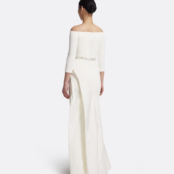 Safiyaa Nila Long Dress in Ivory with Crystal - Safiyaa Dresses - Heavy Crepe Cape Gown - Shop at Coveti