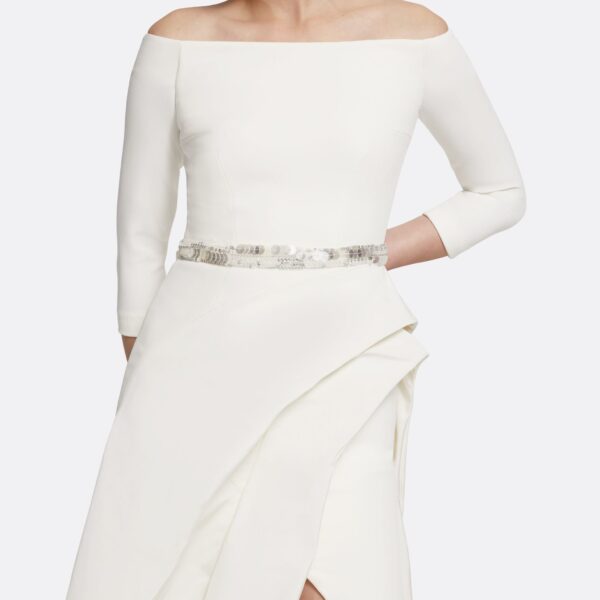 Safiyaa Nila Long Dress in Ivory with Crystal - Safiyaa Dresses - Heavy Crepe Cape Gown - Shop at Coveti