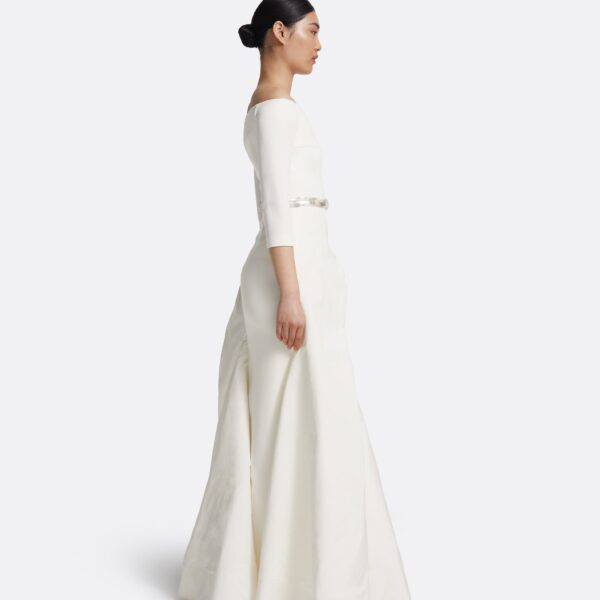 Safiyaa Nila Long Dress in Ivory with Crystal - Safiyaa Dresses - Heavy Crepe Cape Gown - Shop at Coveti