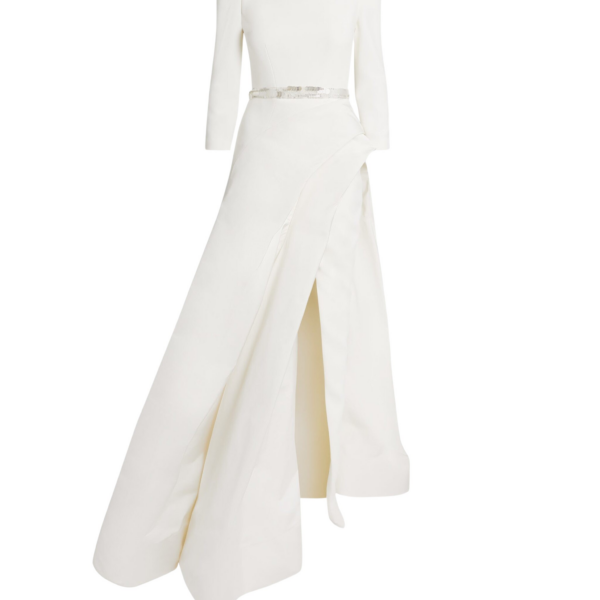 Safiyaa Nila Long Dress in Ivory with Crystal - Safiyaa Dresses - Heavy Crepe Cape Gown - Shop at Coveti