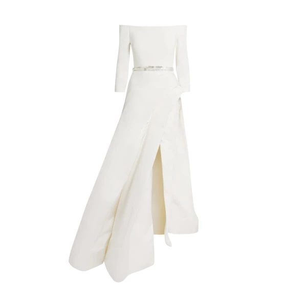 Safiyaa Nila Long Dress in Ivory with Crystal - Safiyaa Dresses - Heavy Crepe Cape Gown - Shop at Coveti