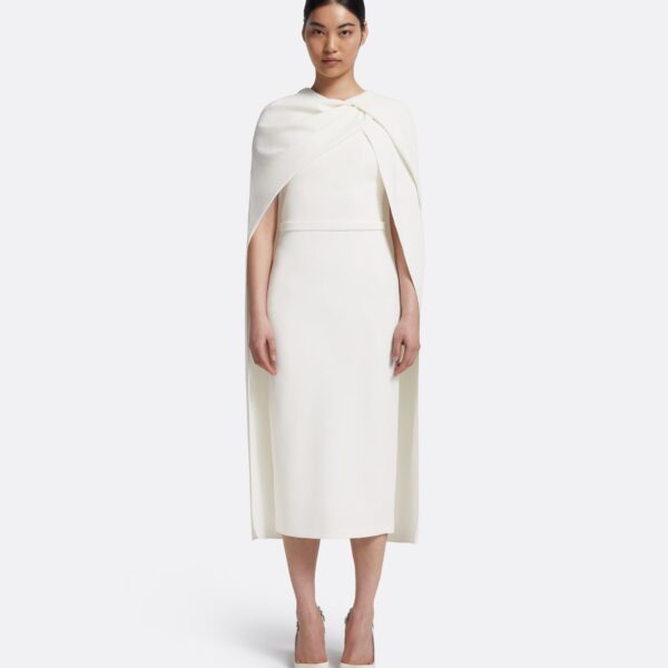 Safiyaa Oria Midi Dress in Ivory - Safiyaa Dresses - Heavy Crepe Cape Gown - Shop at Coveti