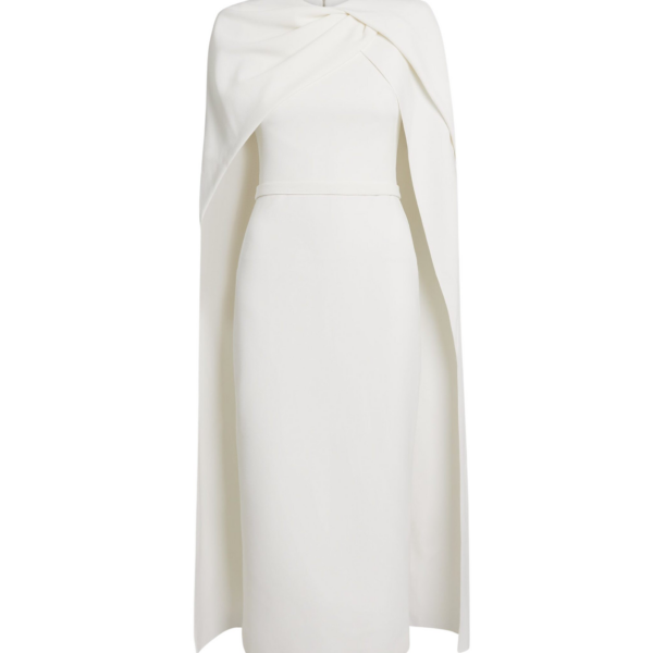 Safiyaa Oria Midi Dress in Ivory - Safiyaa Dresses - Heavy Crepe Cape Gown - Shop at Coveti