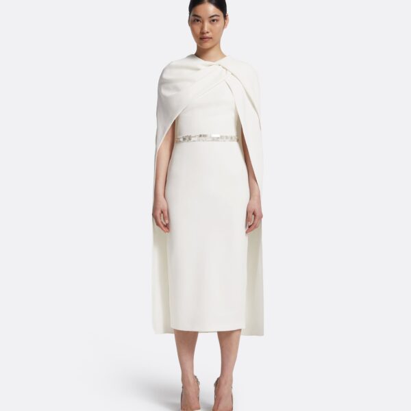 Safiyaa Oria Midi Dress in Ivory with Crystal - Safiyaa Dresses - Heavy Crepe Cape Gown - Shop at Coveti