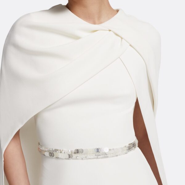 Safiyaa Oria Midi Dress in Ivory with Crystal - Safiyaa Dresses - Heavy Crepe Cape Gown - Shop at Coveti