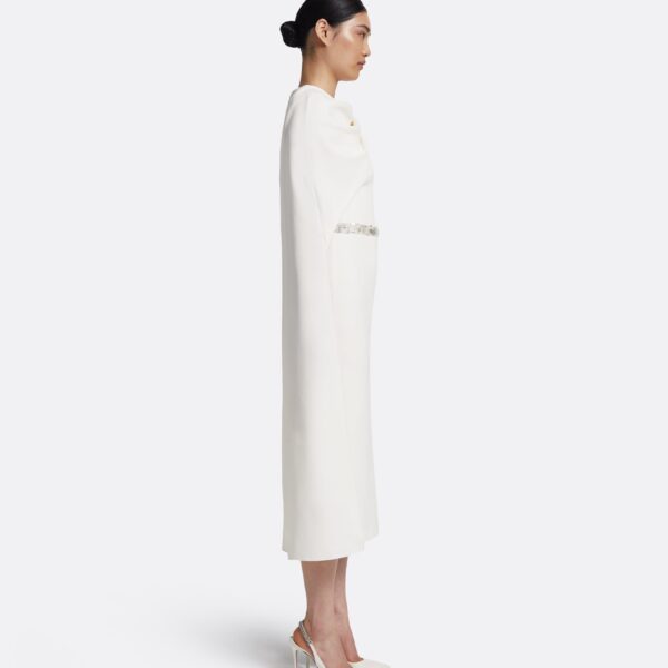 Safiyaa Oria Midi Dress in Ivory with Crystal - Safiyaa Dresses - Heavy Crepe Cape Gown - Shop at Coveti