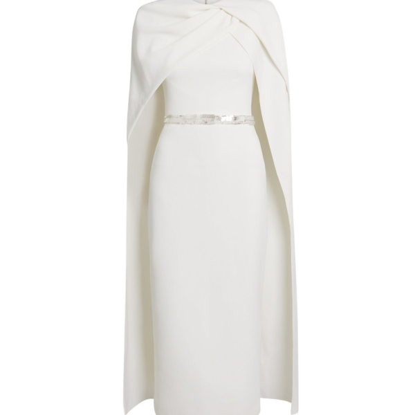 Safiyaa Oria Midi Dress in Ivory with Crystal - Safiyaa Dresses - Heavy Crepe Cape Gown - Shop at Coveti
