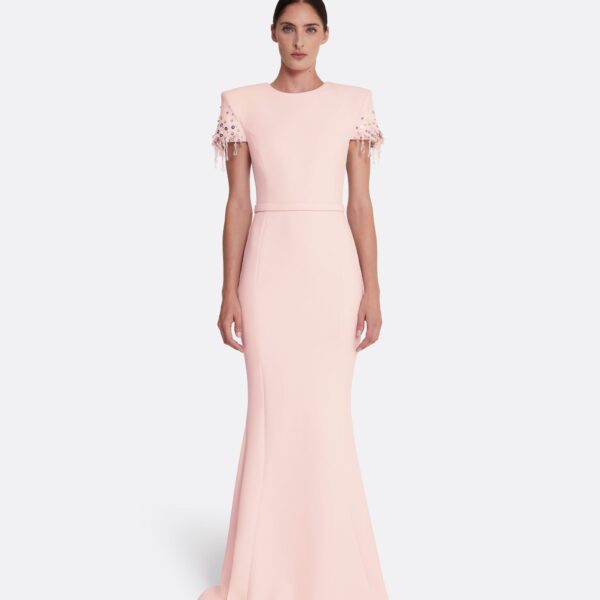 Safiyaa Parker Long Dress Long in Pale Pink with Multi-pastel - Safiyaa Dresses - Heavy Crepe Cape Gown - Shop at Coveti