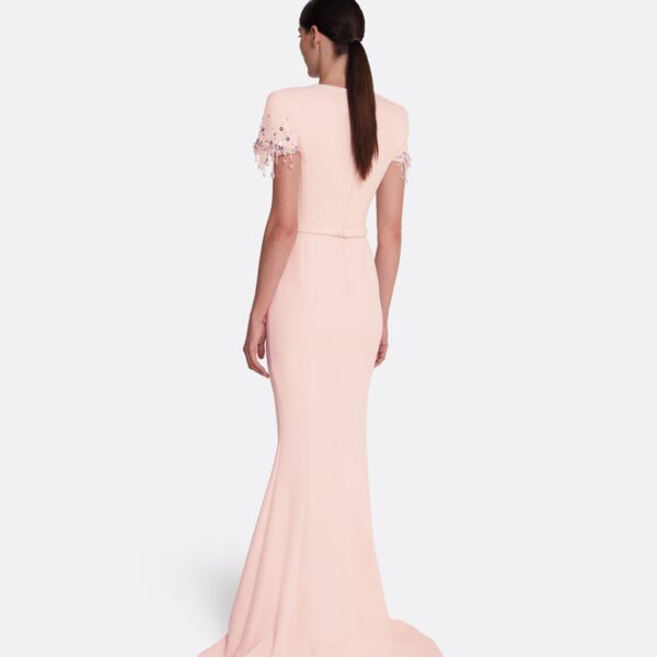 Safiyaa Parker Long Dress Long in Pale Pink with Multi-pastel - Safiyaa Dresses - Heavy Crepe Cape Gown - Shop at Coveti