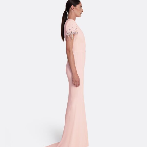 Safiyaa Parker Long Dress Long in Pale Pink with Multi-pastel - Safiyaa Dresses - Heavy Crepe Cape Gown - Shop at Coveti