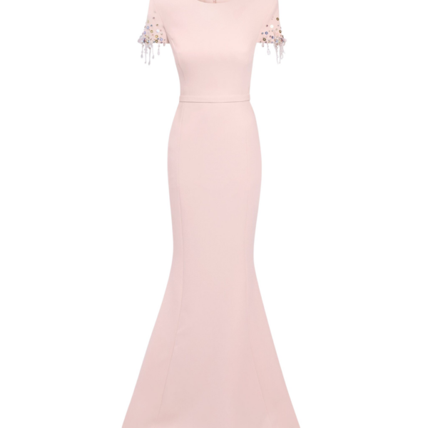 Safiyaa Parker Long Dress Long in Pale Pink with Multi-pastel - Safiyaa Dresses - Heavy Crepe Cape Gown - Shop at Coveti