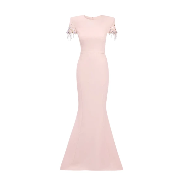 Safiyaa Parker Long Dress Long in Pale Pink with Multi-pastel - Safiyaa Dresses - Heavy Crepe Cape Gown - Shop at Coveti