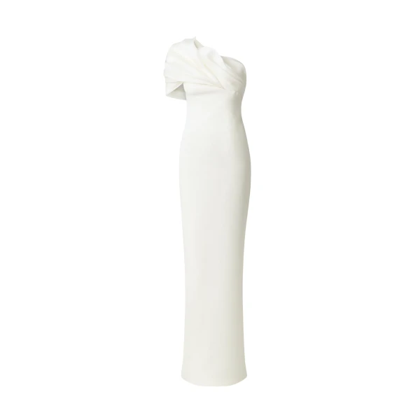 Safiyaa Portan Ivory Long Dress - Safiyaa Dresses - Heavy Crepe Cape Gown - Shop at Coveti