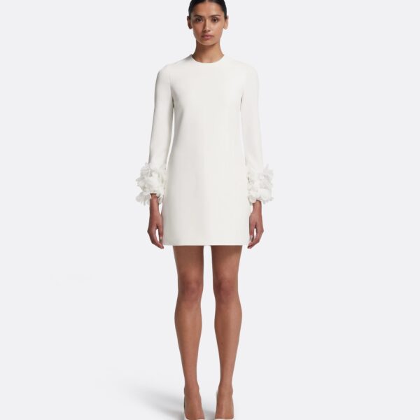 Safiyaa Reffie Short Dress in Ivory with Ivory Appliqué - Safiyaa Dresses - Heavy Crepe Cape Gown - Shop at Coveti