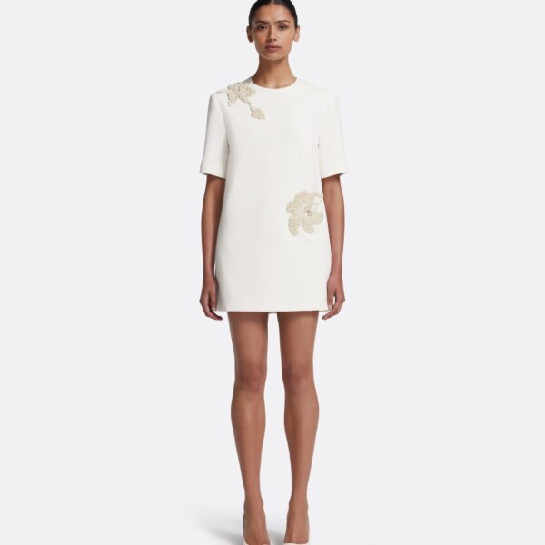 Safiyaa Ripley Short Dress in Ivory with Pearl - Safiyaa Dresses - Heavy Crepe Cape Gown - Shop at Coveti