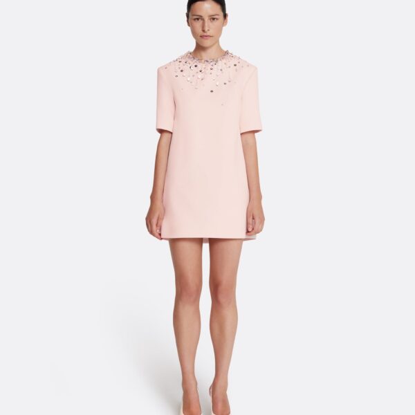 Safiyaa Ripley Short Dress in Pale Pink with Multi-pastels Embellishment - Safiyaa Dresses - Heavy Crepe Cape Gown - Shop at Coveti