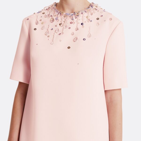 Safiyaa Ripley Short Dress in Pale Pink with Multi-pastels Embellishment - Safiyaa Dresses - Heavy Crepe Cape Gown - Shop at Coveti