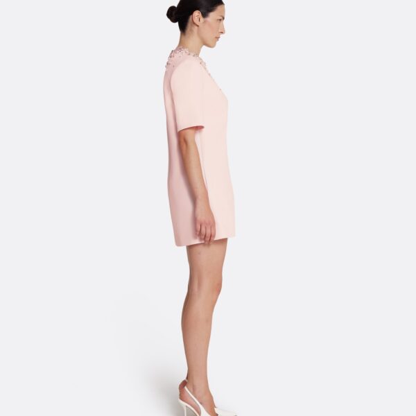 Safiyaa Ripley Short Dress in Pale Pink with Multi-pastels Embellishment - Safiyaa Dresses - Heavy Crepe Cape Gown - Shop at Coveti