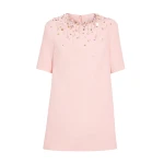 Safiyaa Ripley Short Dress in Pale Pink with Multi-pastels Embellishment - Safiyaa Dresses - Heavy Crepe Cape Gown - Shop at Coveti